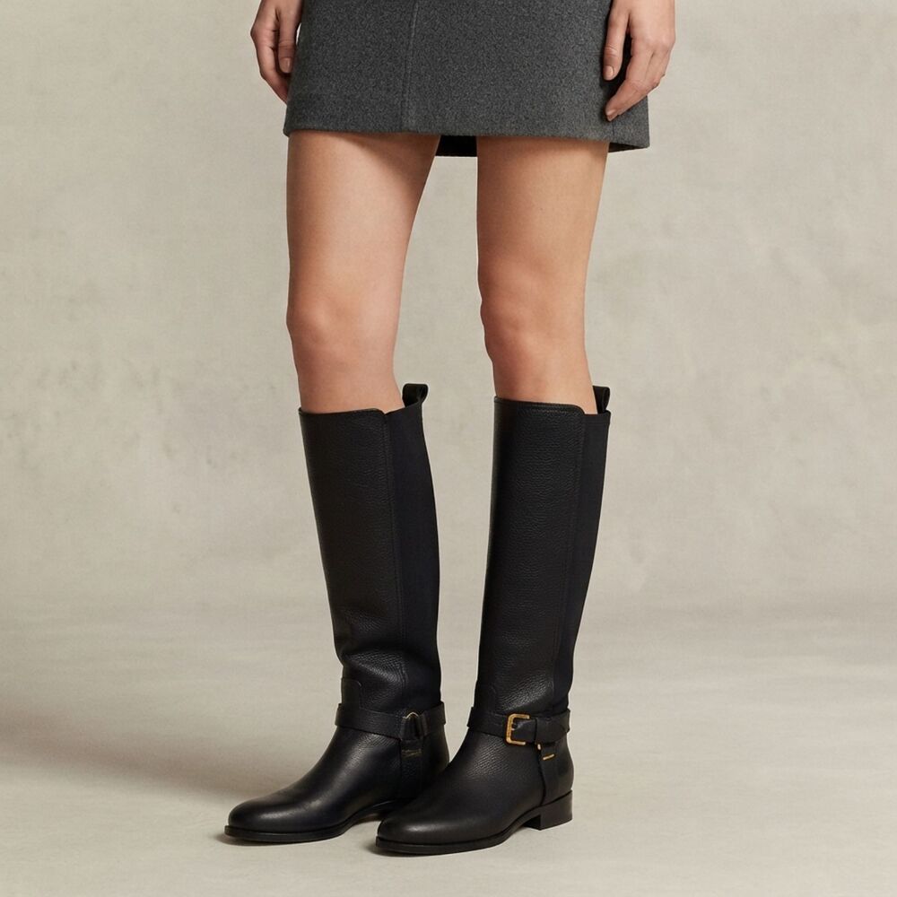 Ralph Lauren Purple Label Black Leather Riding Boots Gold Buckle Size 38